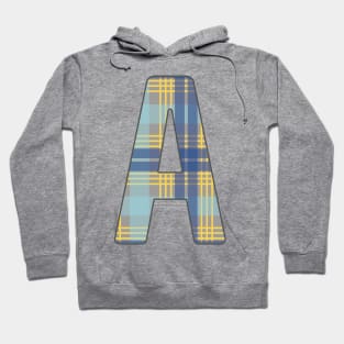 Monogram Letter A, Blue, Yellow and Grey Scottish Tartan Style Typography Design Hoodie